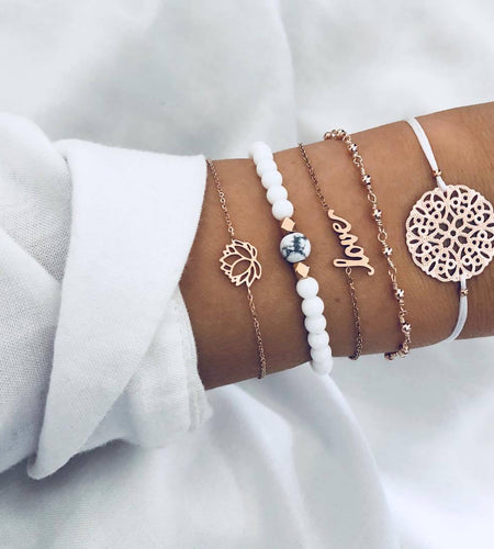 Arcoris White Marble Filigree Pendant & Love 5 Piece Bracelet Set