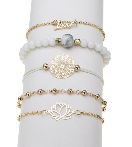 Arcoris White Marble Filigree Pendant & Love 5 Piece Bracelet Set